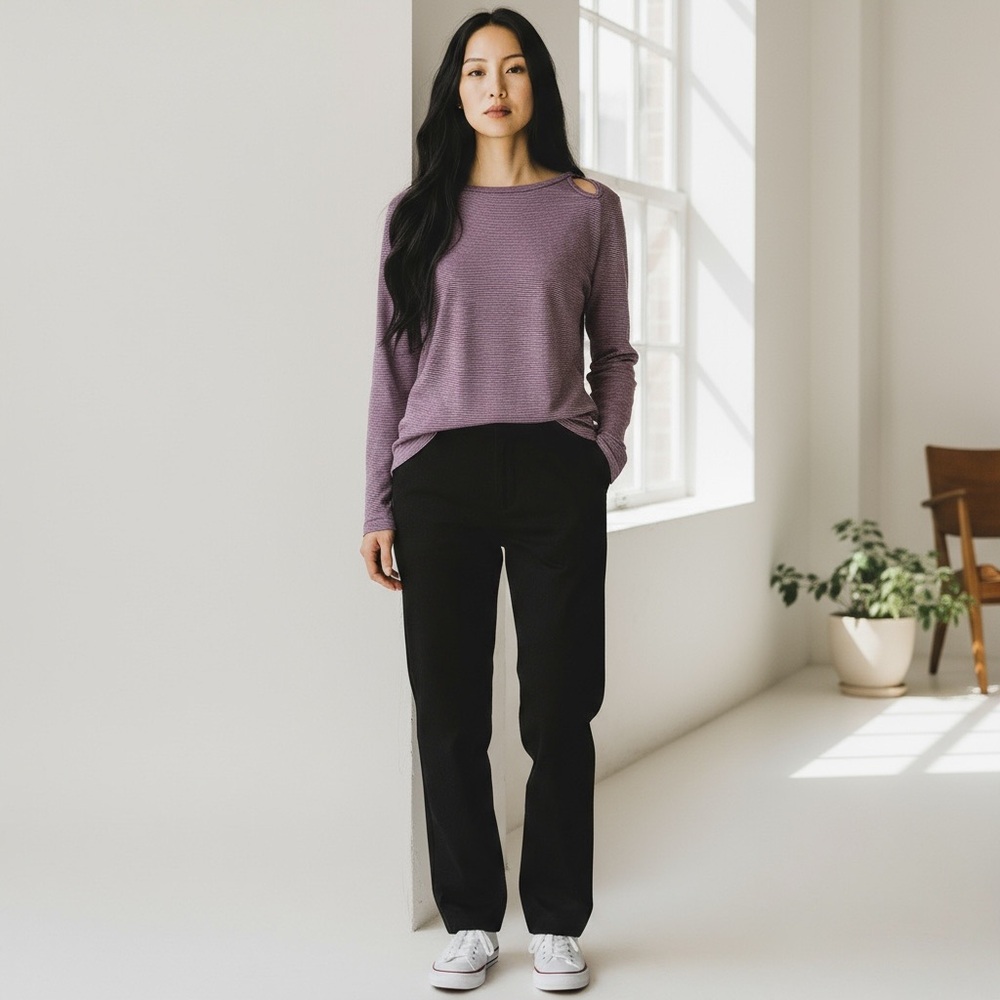 T.La Anthropology‎ Burgundy Striped Long-sleeve Keyhole Top Soft Oversized